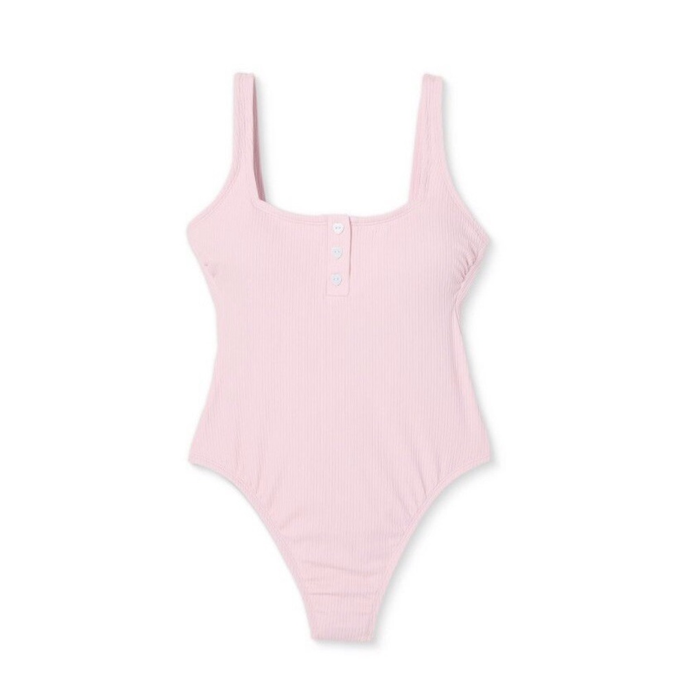 Stoney Clover Lane Pink Ribbed Henley One-Piece Swimsuit